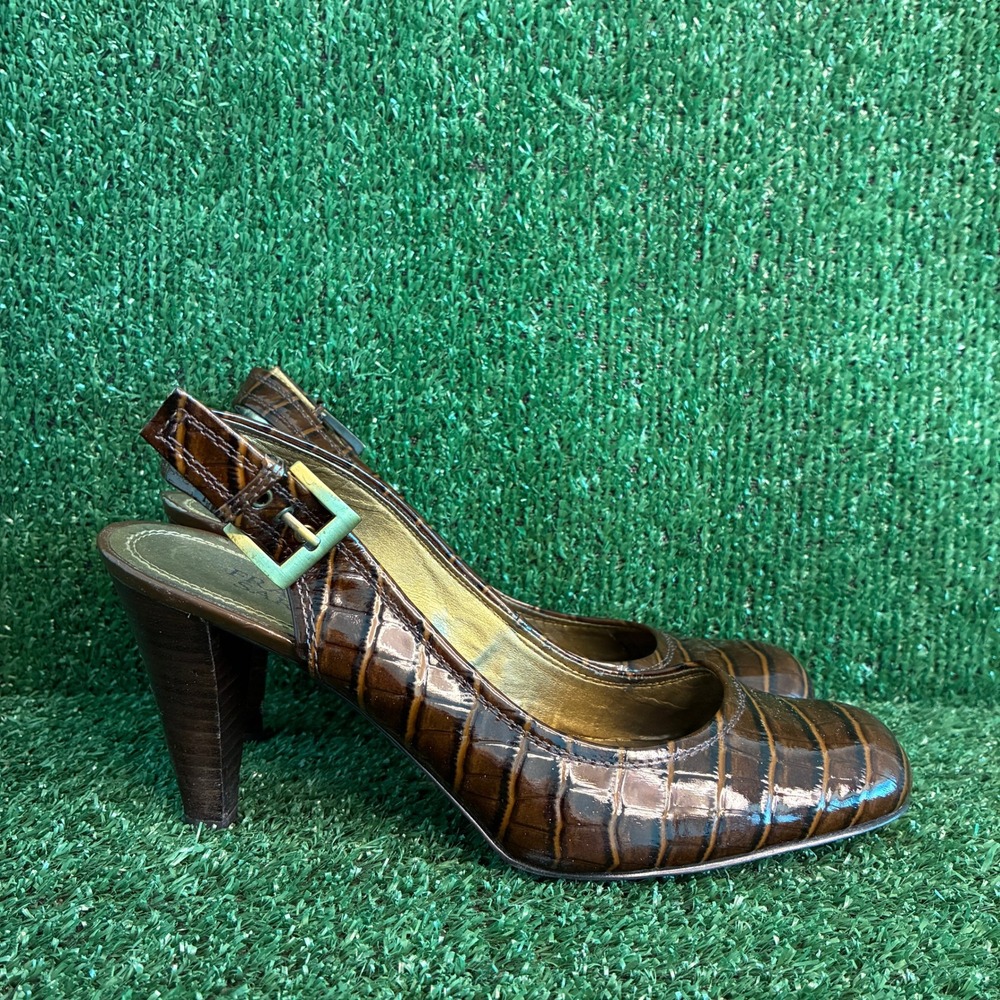Franco Sarto Dustine Croc Embossed Slingback Square Toe Pump Brown Womens 8.5 M